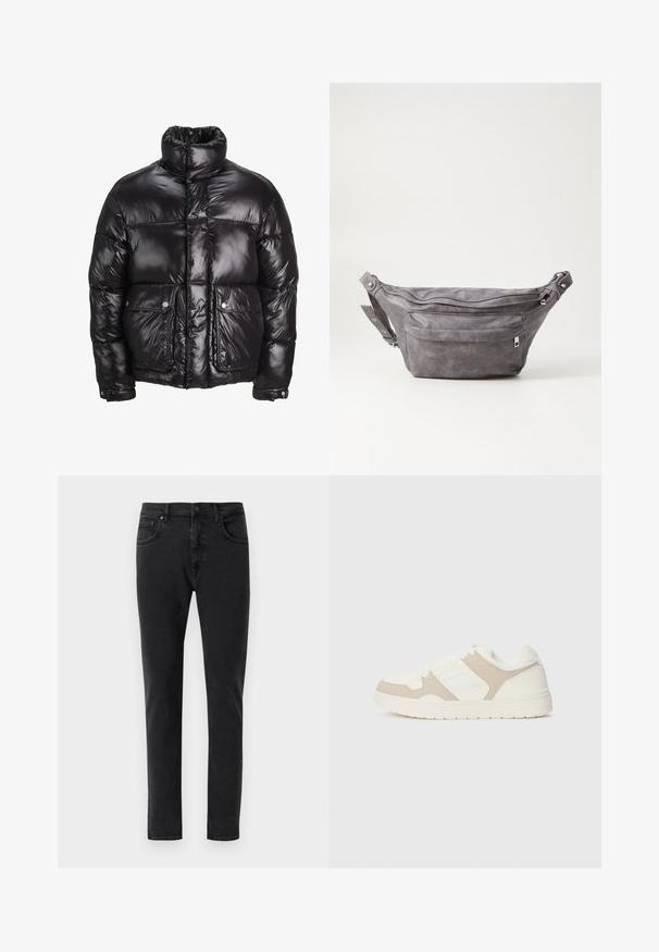 Fekete puffermellény fényes anyagból, magas gallérral, két elülső zsebbel, patentos záródással és párnázott kialakítással.; Beige hosszú ujjas kötött pulóver, kerek nyakkal és kis barna hímezett logóval a bal mellrészen, sima háttér előtt bemutatva.; Fekete farmernadrág slim fit szabással, klasszikus öt zsebes kialakítással és minimális varrási részletekkel. Simára csiszolt textúra, normál derékpánt.; Fehér és bézs sportcipő, sima és velúr textúrák kombinációjával, kerek orral, fűzős záródással és lapos gumitalppal.; Szürke velúr övtáska kerek formával, két cipzáras rekesszel és állítható pánttal. Fém dekorációval rendelkezik.