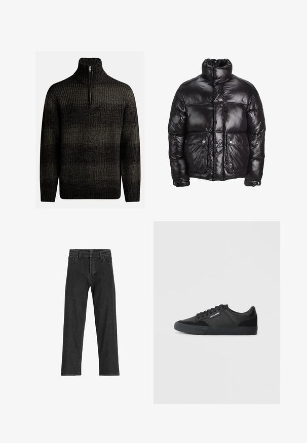 Crna puffer jakna od sjajnog materijala, s visokim ovratnikom, dva prednja džepa sa kopčama na dugmad i podstavljenim dizajnom.; Tamno pleteni pulover s visokim ovratnikom i četvrtastim patentnim zatvaračem. Ima teksturirani uzorak s različitim nijansama crne i sive boje.; Crne traperice s ravnim krojem, s patentnim zatvaračem, petljama za pojas i šest džepova, izrađene od čvrste mješavine pamuka.; Crne tenisice s kombinacijom kože i antilopa, sa okruglim vezicama, teksturiranim gumeni potplat i logom branda na strani.