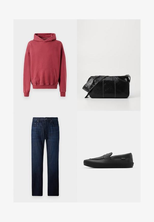 Svart pufferjakke laget av skinnende materiale, med høy krage, to frontlommer med trykknapper og polstret design.; Rød hettegenser med lomme foran, laget av mykt stoff. Har ribbede mansjetter og midje, med en avslappet passform og minimal detaljering.; Mørkeblå denimjeans med rett benklipp, med fem lommer, frontlukking med knapp og subtil falming nær knærne.; Vans SKATE LOAFER UNISEX - Joggesko - black; Svart lær skulderveske med glidelås, med teksturert overflate, hvite sømmer og en stropp med sølvringer.