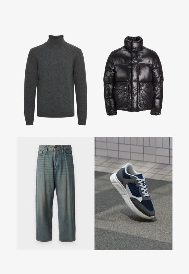 Mustmust särk, mis on valmistatud läikivast materjalist, kõrge kaelusega, kahte esist taskut nupuga sulgemisega ja pehmendatud disainiga.; Tumehall soe kõrge kaelusega kampsun, mis on valmistatud pehmest kudumist; omab pikki varrukaid ja soonikkoes kaelariba, millel on ühtlane tekstuur.; Heledad sinine denim-stiilis teksad, volüümse lõike, keskmise kõrgusega talje ja sirgete säärega. Omab viit taskut, vöökumme ja nööpide sulgemist.; Sneaker, mille sinine võrkkangas, hallid nubukdetailid, valge kummitald ja lamedad valged paelad, disainitud mugavuseks ja hingavuseks.