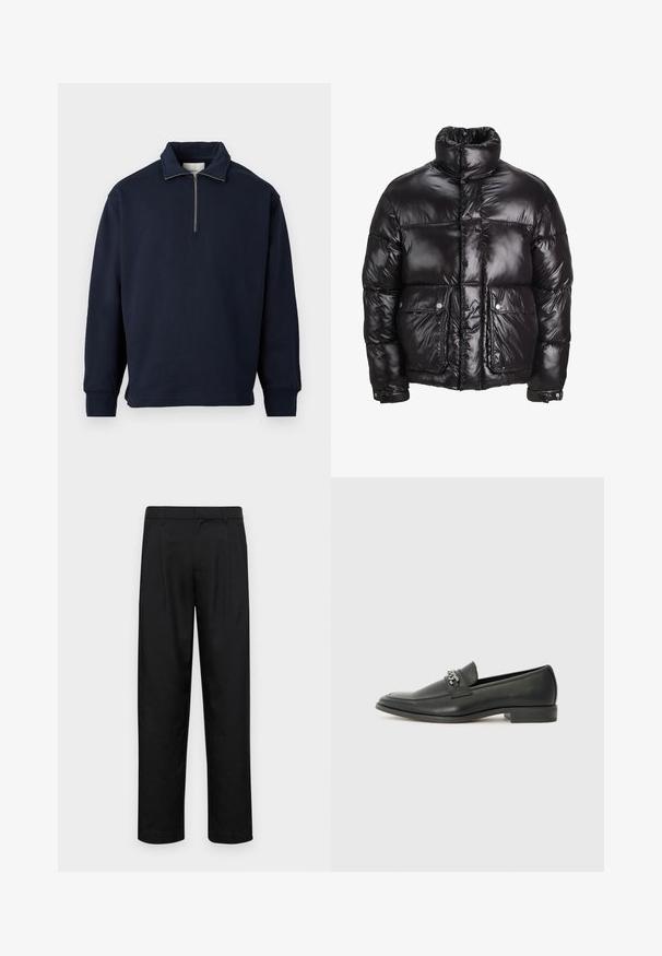 Abrigo acolchado negro hecho de material brillante, con un cuello alto, dos bolsillos frontales con cierres a presión y un diseño acolchado.; Sudadera de cuello alto de color azul marino, con cierre de media cremallera, fabricada en una suave tela, con mangas largas y un corte relajado.; Pantalones negros de tela suave, con un diseño de pierna recta, dos pliegues frontales y una cintura estándar con trabillas para el cinturón.; Mocasín de cuero negro con un acabado suave, que cuenta con un diseño de costura y un acento decorativo de cadena de metal en el empeine. Tacón plano.