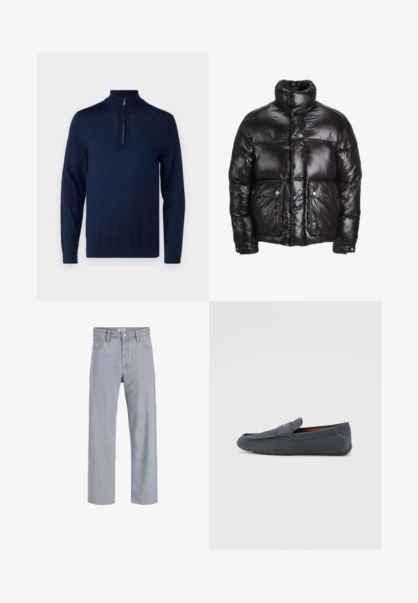 Melnā pūkainā jaka, kas izgatavota no spīdīga materiāla, ar augstu apkakli, divām priekšējām kabatām ar pogājamām aizdarem un pildītā dizainā.; Tumši zilas krāsas, garām piedurknēm, pulovers ar ceturtdaļas rāvējslēdzēja apkakli. Gluda tekstūra, pieguļošs dizains, minimālas šuvju detaļas un bez redzamām emblēmām.; Gai zils džinsu audums ar brīvu piegriezumu, taisnu kāju dizainu, redzamām šuvēm, divām priekšējām kabatām un pogu aizdari.; Pelēki perforēti loafers ar iebūvētu dizainu, kas izceļas ar oranžu akcentu, noapaļotu purngalu un teksturētu gumijas zoli.