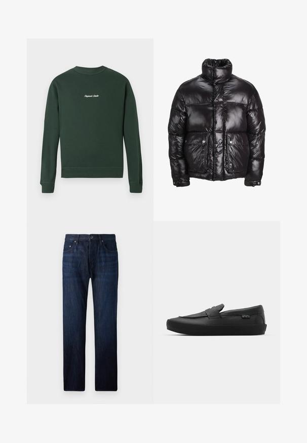 Giacca a vento nera in materiale lucido, con colletto alto, due tasche frontali con chiusura a pressione e design imbottito.; Felpa verde con maniche lunghe, polsini e orlo a costine, colletto tondo, con testo ricamato bianco sul petto. Materiale morbido in misto cotone.; Jeans in denim blu scuro con taglio dritto, dotati di cinque tasche, chiusura frontale con bottone e leggere sfumature vicino alle ginocchia.; Vans SKATE LOAFER UNISEX - Sneakers basse - black