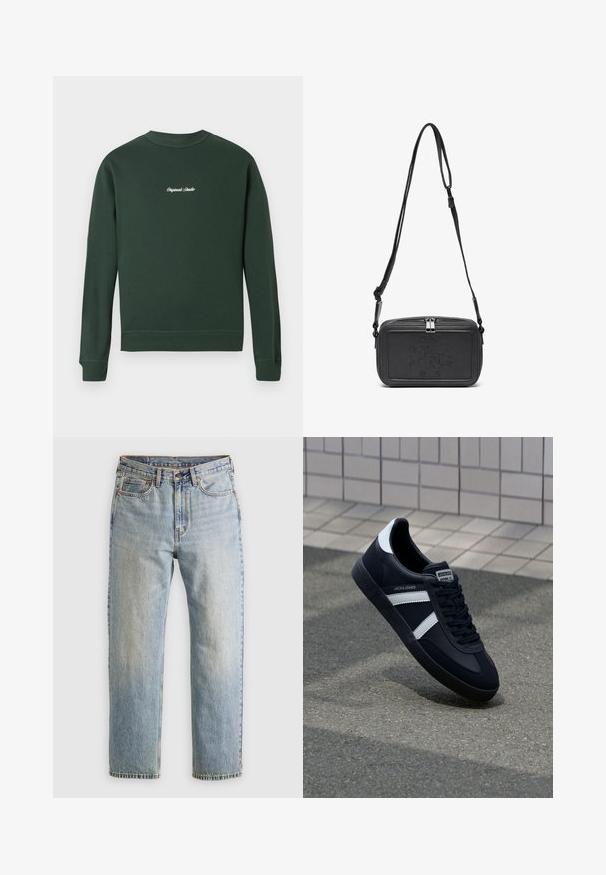Czarna puchowa kurtka wykonana z błyszczącego materiału, z wysokim kołnierzem, dwiema przednimi kieszeniami zapinanymi na napy oraz pikowanym fasonem.; Zielona bluza z długimi rękawami, ściągaczami przy mankietach i u dołu, okrągłym dekoltem, z białym haftowanym napisem na klatce piersiowej. Wykonana z miękkiej mieszanki bawełny.; Jasnoniebieskie dżinsy z wysokim stanem, z guzikiem z przodu, zamkiem błyskawicznym i pięcioma kieszeniami, ułożone na płasko na neutralnym tle.; Czarne skórzane sneakersy z białymi paskami, teksturowana gumowa podeszwa i sznurowane z przodu. Posiadają metkę marki na języku.; Czarna skórzana torba na ramię z zamkiem błyskawicznym, wytłoczone logo na przodzie i regulowanym paskiem. Gładka tekstura w prostokątnym kształcie.