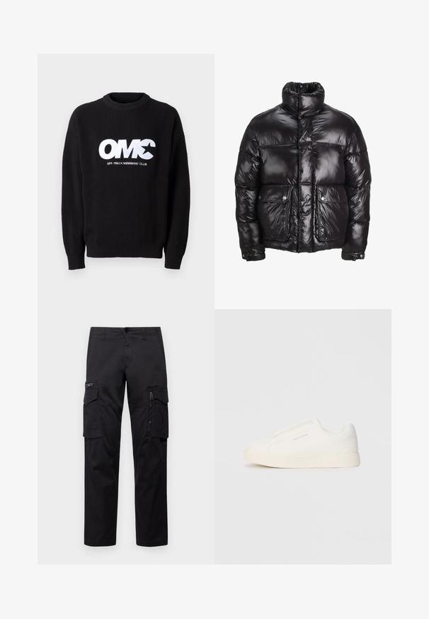 Juodas pūkinis švarkas, pagamintas iš blizgaus medžiagos, su aukštu apykakle, dviem priekiniais kišenėmis su snapeliais ir paminkštinta struktūra.; Juoda pūsta mezginio megztinis su apykakle, taip pat su ryškiu baltu siuvinėtu tekstu "OMC" ir "OFF-TRACK MEMBERS' CLUB" priekyje.; Juodos krovinių kelnės, turinčios kelis kišenes, užtrauktuku uždaromą kišenę ant šlaunies, tiesaus kirpimo ir tvirtos medvilnės audinys su nežymiu blizgesiu.; Baltos slip-on sportbačiai su tekstūruota paviršiumi, storesniu padu ir minimalistišku dizainu. Šone matosi prekės ženklo logotipas.