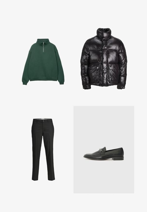 Crna puffer jakna od sjajnog materijala, s visokim ovratnikom, dva prednja džepa sa kopčama na dugmad i podstavljenim dizajnom.; Tamnozelena zip-up dukserica s visokom ovratnikom. Izrađena od mekog materijala, s spuštenim ramenima te rebrastim manžetama i donjim rubom.; Crne hlače, krojene u prilagodljivom fitu, glatka tkanina, srednji struk, prednje kopčanje na dugme, dijagonalni džepovi i pregibi duž nogu.; Crna kožna loafer cipela s glatkom finišem, s ušivenim uzorkom i dekorativnim metalnim lancem preko prednjeg dijela. Ravni potplat.