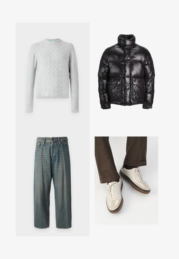 Casaco puffer preto feito de material brilhante, com um colarinho alto, dois bolsos frontais com fecho de pressão e um design acolchoado.; Pulôver de malha cinza-claro com padrão de ponto de cabos no peito, gola redonda, mangas longas e punhos e barra canelados. Textura suave, com marcação mínima.; Jeans de ganga azul claro com um corte solto, cintura média e pernas retas. Apresenta cinco bolsos, passadores de cinto e fecho com botão.; Tênis bege com frente em camurça texturizada, lados em couro liso e sola em borracha marrom. Inclui cadarços e detalhes de costura clara.