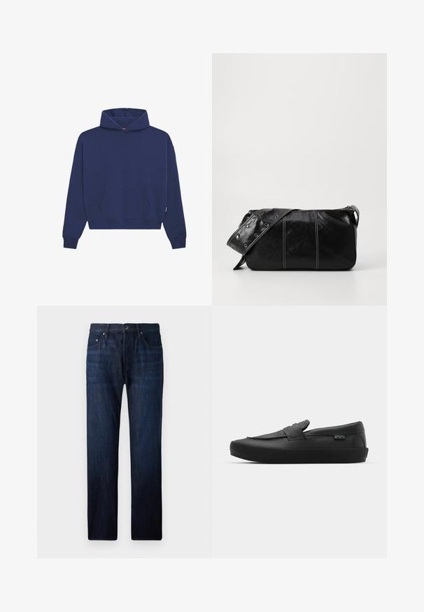 Svart pufferjakke laget av skinnende materiale, med høy krage, to frontlommer med trykknapper og polstret design.; Marineblå hettegenser laget av fleece-materiale, med en frontlomme av kangaroo-type, ribbede mansjetter og en avslappet passform med snor i hette.; Mørkeblå denimjeans med rett benklipp, med fem lommer, frontlukking med knapp og subtil falming nær knærne.; Vans SKATE LOAFER UNISEX - Joggesko - black; Svart lær skulderveske med glidelås, med teksturert overflate, hvite sømmer og en stropp med sølvringer.