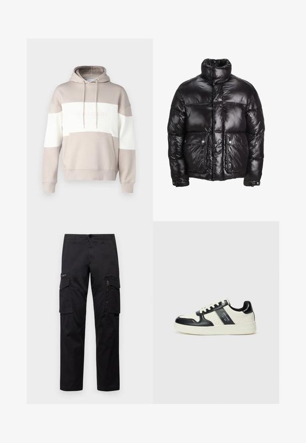 Zwarte pufferjack gemaakt van glanzend materiaal, met een hoge kraag, twee voorzakken met drukknoopsluitingen en een gewatteerd ontwerp.; Beige hoodie met witte horizontale strepen. Voorzien van een zak aan de voorkant en een trekkoord, gemaakt van zachte katoenmix.; Zwarte cargobroek met meerdere zakken, een ritszak op de dij, rechte pasvorm en stevige katoen met een subtiele glans.; Leren sneakers met een zwart en crèmekleurig kleurenschema, voorzien van geperforeerde accenten, een gevoerde kraag en een gestructureerde buitenzool.