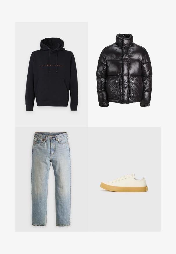Giacca a vento nera in materiale lucido, con colletto alto, due tasche frontali con chiusura a pressione e design imbottito.; Felpa nera con cappuccio, tasca frontale e testo arancione "JACK & JONES" centrato sul petto, disposta in piano su sfondo bianco.; Jeans in denim azzurro chiaro con vita alta, bottone anteriore, cerniera e design a cinque tasche, adagiati su uno sfondo neutro.; Sneakers in tela di colore avorio con punta rotonda, dotati di suole in gomma beige e cinque occhielli per i lacci, finitura texturizzata sulla parte superiore.