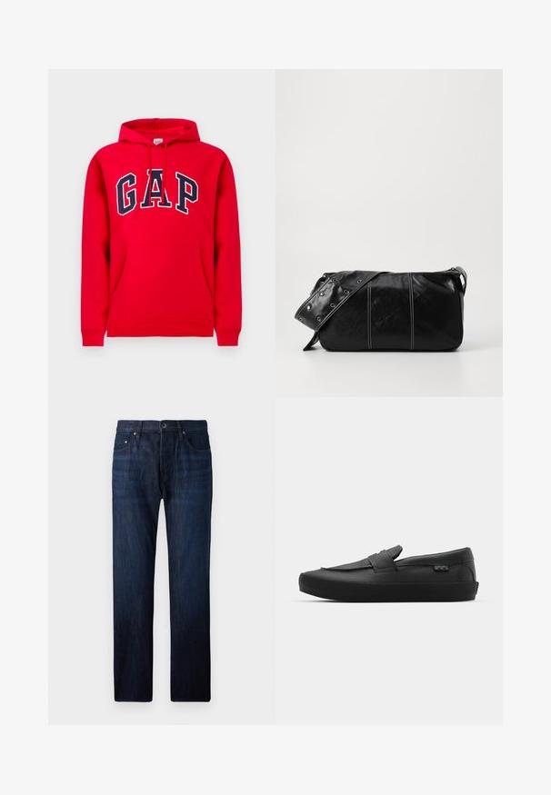 Černá peřová bunda vyrobená z lesklého materiálu, s vysokým límcem, dvěma předními kapsami na patentky a polstrovaným designem.; Červená mikina s kapucí vyrobená z bavlny, s přední kapsou, stahovací šňůrkou a logem "GAP" v námořnické modři přes hrudník.; Tmavě modré džíny z denimu se rovně střiženými nohavicemi, které mají pět kapes, zapínání na přední knoflík a jemné vyblednutí v oblasti kolen.; Vans SKATE LOAFER UNISEX - Tenisky - black; Černá kožená kabelka přes rameno se zapínáním na zip, s texturovaným tělem, bílým prošíváním a popruhem se stříbrnými očky.