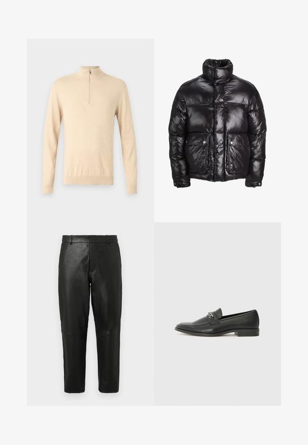 Črn napihljiv jopič iz sijočega materiala, z visokim ovratnikom, dvema sprednjima žepoma z zavihkom in oblazinjenim dizajnom.; Bežna dolg rokav pulover z zadrgo in visokim ovratnikom, narejen iz mehkega materiala. Ima minimalističen dizajn in oprijetke na zapestjih.; Črne usnjene hlače ravnega kroja z zanko za pas in stranskimi žepi, prikazane proti običajni svetli ozadju.; Črni usnjeni loafer z gladko površino, ki ima šivano zasnovo in dekorativni kovinski verižni naglas preko vampirja. Ravno peto.