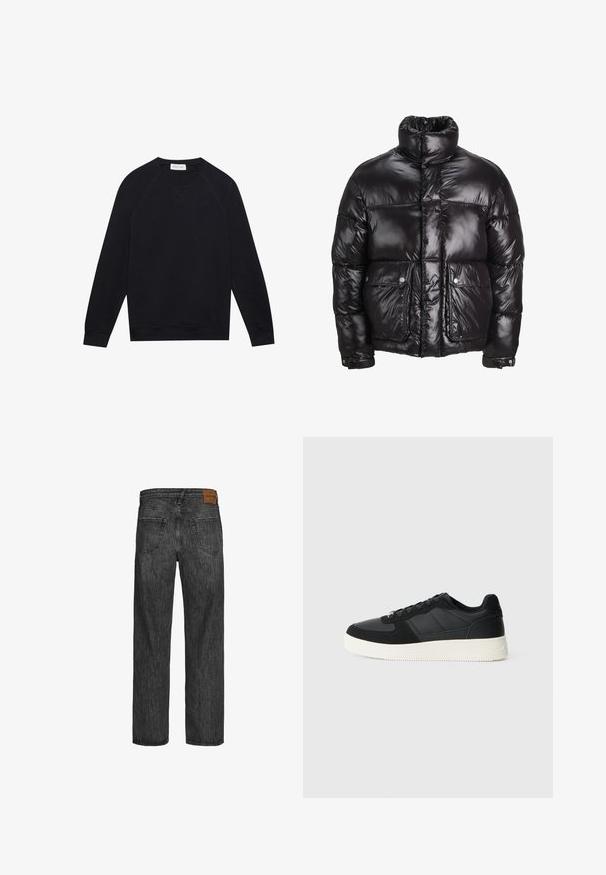 Doudoune noire en matériau brillant, avec un col montant, deux poches avant à fermetures pression, et un design matelassé.; Sweatshirt noir à manches longues avec col rond, avec des poignets et un ourlet côtelés, des détails de couture visibles et une petite étiquette de marque blanche à l'intérieur du col.; Jean en denim noir avec une coupe droite, style cinq poches et une étiquette en cuir marron à la taille. Tissu texturé avec des détails de couture.; Baskets basses noires en cuir texturé et panneaux en daim, semelle en caoutchouc blanc et lacets noirs sur un fond clair.