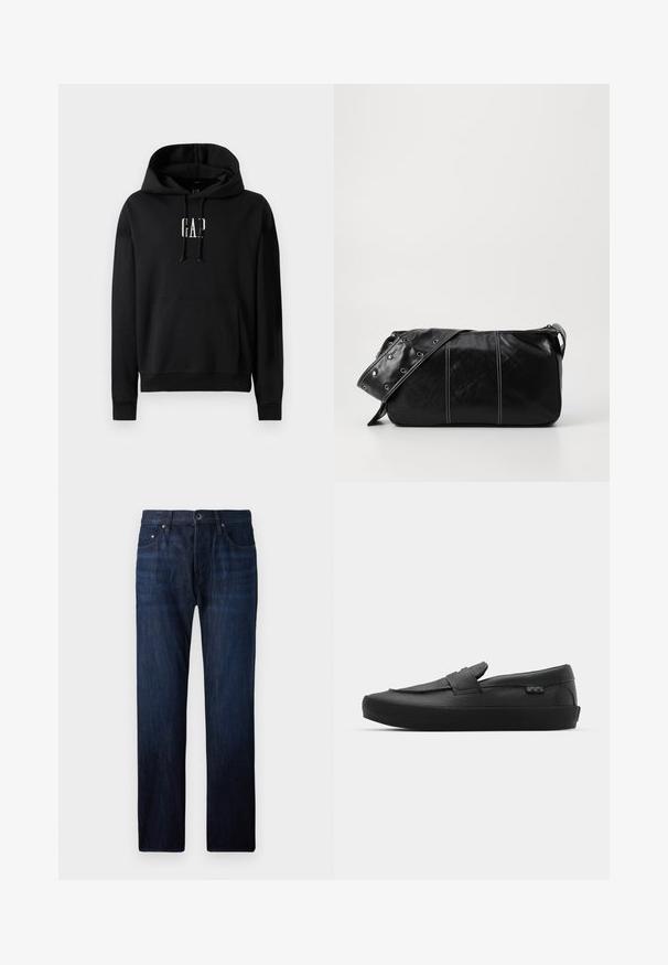 Musta untuvaparka, joka on valmistettu kiiltävästä materiaalista, jossa on korkea kaulus, kaksi etutaskua napilla, sekä pehmustettu muotoilu.; Musta huppari, joka on valmistettu fleecemateriaalista, jossa on etutasku, ribattu hihansuut ja valkoinen "GAP"-logo rinnassa.; Tummansiniset farkut, joissa on suora lahje, viisi taskua, edessä napitus ja hienovarainen haalistuminen polvien kohdalla.; Vans SKATE LOAFER UNISEX - Matalavartiset tennarit - black; Mustakulmainen nahkainen olkalaukku, jossa on vetoketjukiinnitys, teksturoitu pinta, valkoiset ompeleet ja hihna, jossa on hopeiset niitit.