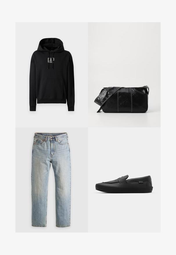 Melnā pūkainā jaka, kas izgatavota no spīdīga materiāla, ar augstu apkakli, divām priekšējām kabatām ar pogājamām aizdarem un pildītā dizainā.; Melnas kapuces sporta jaka, izgatavota no flīsa materiāla, ar priekšējo kabatu, ribotām aprocēm un baltu "GAP" logotipu uz krūšu vietas.; Gai zila denima bikses ar augstu jostasvietu, priekšējo pogu, rāvējslēdzēju un piecu kabatu dizainu, izlīdzinātas uz neitrāla fona.; Vans SKATE LOAFER UNISEX - Sporta apavi - black; Melnas ādas plecu soma ar rāvējslēdzēja aizdari, ar teksturētu virsmu, baltu dūrienu un siksnu ar sudraba iekavām.