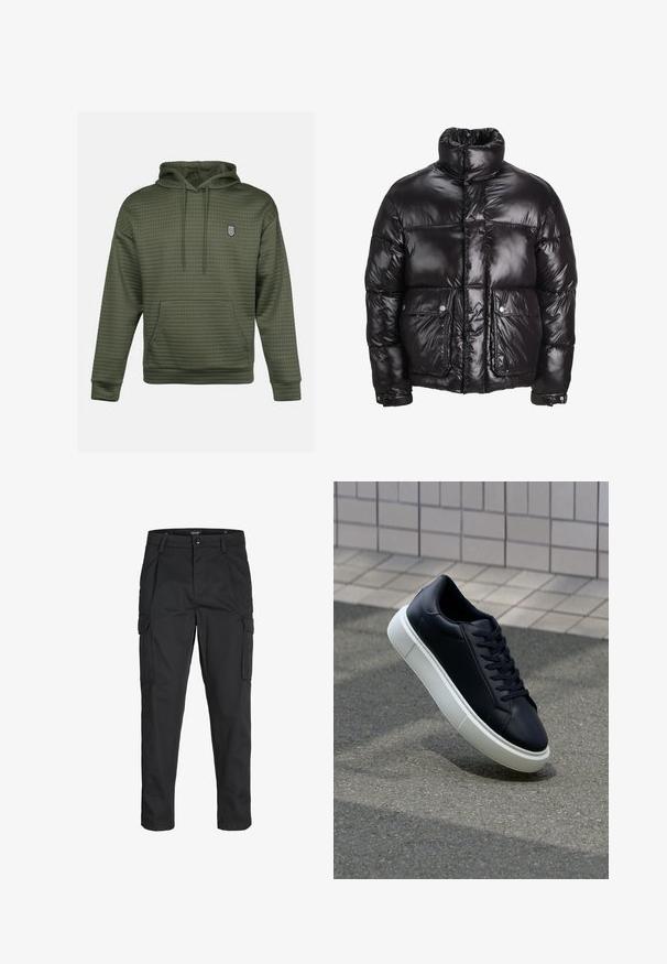 Zwarte pufferjack gemaakt van glanzend materiaal, met een hoge kraag, twee voorzakken met drukknoopsluitingen en een gewatteerd ontwerp.; Olijfgroene hoodie met een gewatteerde textuur, een centrale kangoeroezak en een klein geborduurd logo op de borst. Verstelbare koordkap.; Zwarte cargobroek van stevig stof, met meerdere zakken, een knoopsluiting en een slim fit ontwerp met taps toelopende benen.; Zwarte leren sneaker met een ronde neus en een witte rubberen zool. Voorzien van platte veters en minimale stiksels op het bovenwerk. Textuurrijke zool voor grip.