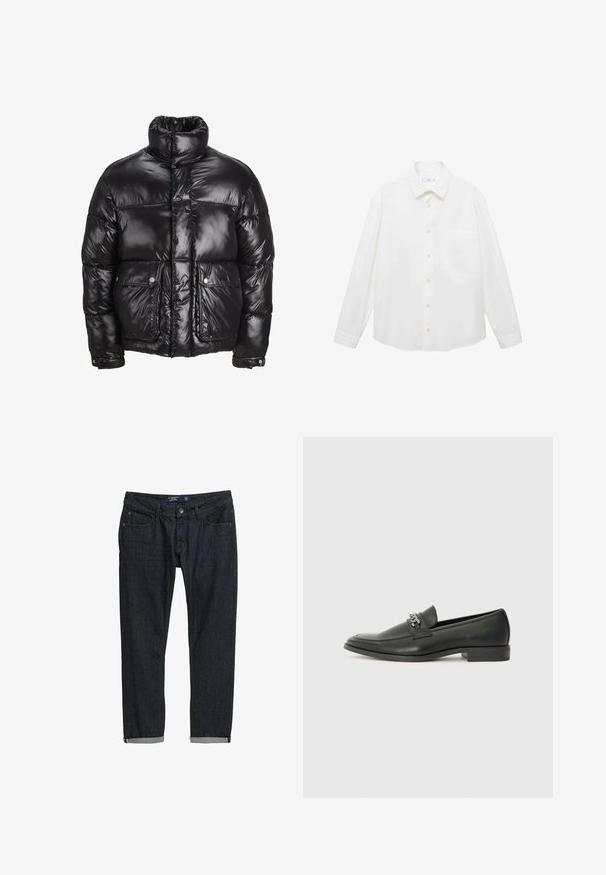 Jachetă puffer neagră din material lucios, cu guler înalt, două buzunare frontale cu închidere prin capse și un design căptușit.; Mango ANTARES - Cămașă - white; Jeans din denim închis, cu o croială slim, având tivuri răsucite, un design clasic cu cinci buzunare și închidere cu nasture, pe un fundal alb.; Pantofii negri din piele cu un finisaj neted, având un design cusut și un accent decorativ de lanț metalic peste partea de sus. Toc plat.