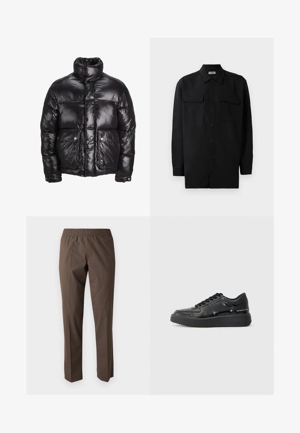 Black puffer jacket made of shiny material, featuring a high collar, two front pockets with snap closures, and a padded design.; Black button-up shirt made of smooth fabric, featuring a classic collar, two front pockets, and long sleeves with button cuffs.; Brown trousers made of smooth fabric, featuring an elastic waistband, straight-leg design, and no visible pockets or embellishments.; Black leather sneakers with a smooth finish, round toe, and contrasting black rubber sole. Features flat laces and branding on the side.