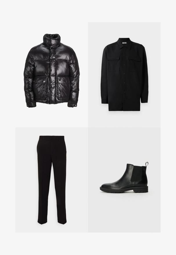 Black puffer jacket made of shiny material, featuring a high collar, two front pockets with snap closures, and a padded design.; Black button-up shirt made of smooth fabric, featuring a classic collar, two front pockets, and long sleeves with button cuffs.; Black trousers with a straight fit, featuring a smooth texture and no visible patterns or hardware. Classic design with a clean silhouette.; Jack & Jones JFWHOSKINS - Classic ankle boots - anthracite