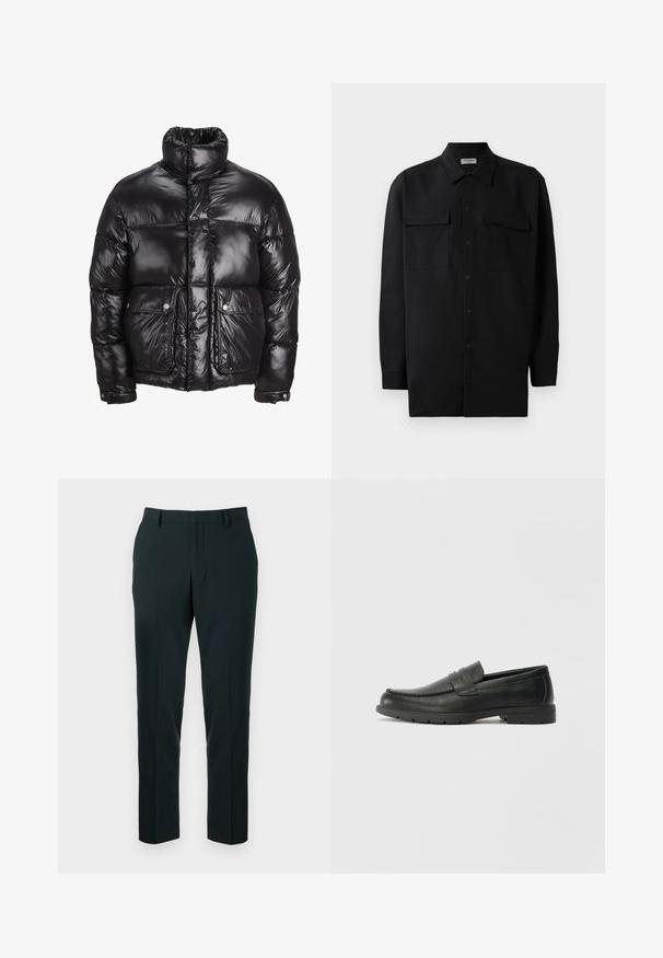 Svart pufferjakke laget av skinnende materiale, med høy krage, to frontlommer med trykknapper og polstret design.; Svart skjorte med knapper laget av glatt stoff, med klassisk krage, to frontlommer og lange ermer med knappe mansjetter.; Svart skreddersydde bukser med en slank, rett ben-design, laget av glatt stoff med flat front og uten synlige lommer.; Svart skinnloafers med glatt finish, mokkasin-stil overdel, broderte detaljer og gummisåle. Klassisk design med lav hæl.
