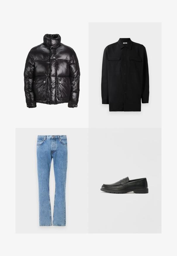 Crna puffer jakna od sjajnog materijala, s visokim ovratnikom, dva prednja džepa sa kopčama na dugmad i podstavljenim dizajnom.; Crna košulja s dugim rukavima od glatkog materijala, s klasičnom kragnom, dva prednja džepa i dugmadima na manžetama.; Svijetloplave traperice ravnog kroja, s pet džepova i kontrastnom šavovima. Standardni pojas s kopčanjem na dugme.; Crne kožne mokasine s glatkom površinom, gornji dio u stilu mokasina, ojačani šavovi i gumeni potplat. Klasičan dizajn s niskom petom.