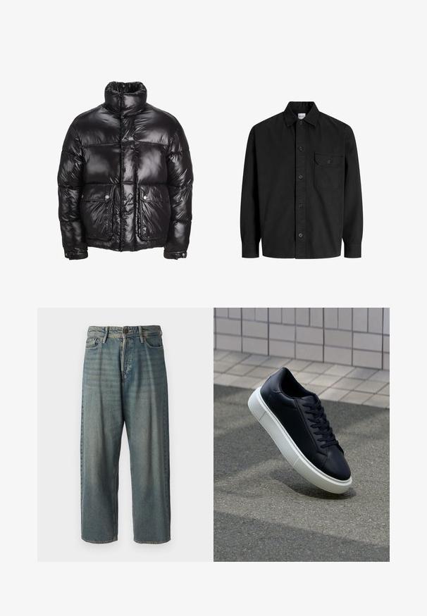 Juodas pūkinis švarkas, pagamintas iš blizgaus medžiagos, su aukštu apykakle, dviem priekiniais kišenėmis su snapeliais ir paminkštinta struktūra.; Juodas ilgarankovis marškiniai su apykakle ir viena krūtinės kišenė su mygtukiniu dangteliu.; Šviesiai mėlyni džinsai su laisvu siluetu, vidutinio aukščio juosmeniu ir tiesiomis kojomis. Su penkiais kišenėmis, diržo kilpo ir mygtukų uždarymu.; Juodas odinis sportbačius su apvaliu pirštu ir baltu gumuotu padu. Turi plokščias raišteles ir minimalų siuvimą viršuje. Padangos tekstūra užtikrina sukibimą.