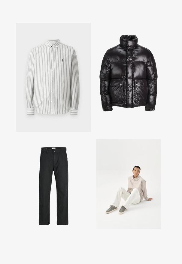 Juodas pūkinis švarkas, pagamintas iš blizgaus medžiagos, su aukštu apykakle, dviem priekiniais kišenėmis su snapeliais ir paminkštinta struktūra.; Mygtukų marškiniai su vertikaliomis pilkomis ir baltomis juostelėmis. Ilgomis rankovėmis, standartiniu apykakle ir mažuoju logotipu kairėje krūtinėje. Pagaminti iš medvilnės.; Juodi kelniai, pagaminti iš tvirto audinio, su tiesiomis kojomis, siuvinėtomis detalėmis ir dviem priekinėmis kišenėmis funkcionalumui.; Bežinė marškinė su mygtukais, baltos kelnės ir pilkos sportbačiai. Marškiniai yra laisvi, o sportbačiai turi tekstūruotą paviršių ir raištelių užsegimą.