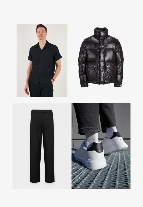 Jachetă puffer neagră din material lucios, cu guler înalt, două buzunare frontale cu închidere prin capse și un design căptușit.; Cămașă neagră cu mâneci scurte și guler, cu o textură ribbed și închidere cu nasturi. Potrivită cu pantaloni asortati, creând un aspect unitar.; Pantaloni negri dintr-un material neted, cu un design drept, două pliuri frontale și un tiv standard cu bucle pentru curea.; Adidași albi cu tab de călcâi negru, având un design cu față zâmbitoare, din piele netedă, talpă din cauciuc plat și detalii texturate.