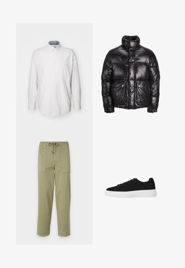 Musta untuvaparka, joka on valmistettu kiiltävästä materiaalista, jossa on korkea kaulus, kaksi etutaskua napilla, sekä pehmustettu muotoilu.; Vaaleanvärinen pitkähihainen paita, jossa on ohuita pystyraitoja. Sisältää napillisen kauluksen ja rintataskun. Valmistettu teksturoidusta kankaasta.; Vaaleanoliivinvihreät housut, jotka on valmistettu puuvillasekoitteesta. Housuissa on joustava vyötärö, joka sisältää nyörin, sekä kaksi suurta sivutaskua.; Musta mokkanahkainen lenkkitossu pyöreällä varpaan osalla, nauhoilla kiristettävä etuosa ja valkoinen kumipohja. Yksinkertainen muotoilu, jossa on vähän yksityiskohtia ja sileä pinta.