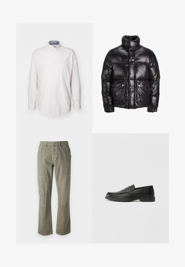 Melnā pūkainā jaka, kas izgatavota no spīdīga materiāla, ar augstu apkakli, divām priekšējām kabatām ar pogājamām aizdarem un pildītā dizainā.; Gaišas, garām piedurknēm krekls ar plānām vertikālām svītrām. Iekļauj pogājamu apkakli un krūšu kabatu. Izgatavots no teksturēta auduma.; Olīvu zaļas bikses no kokvilnas ar taisnu kāju dizainu, ar ribotiem akcentiem uz plāksteru kabatām un kontrastējošu diegu.; Melnas ādas loafers ar gludu apdari, mokasīnu stila augšdaļu, šūtu detalizāciju un gumijas zoli. Klasisks dizains ar zemu papēdi.