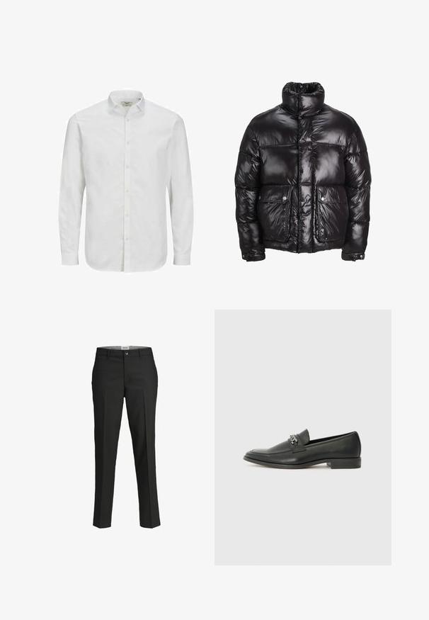 Black puffer jacket made of shiny material, featuring a high collar, two front pockets with snap closures, and a padded design.; White, long-sleeve button-up shirt made of cotton, featuring a classic collar, straight cut, and subtle texture. Standard button closure.; Black trousers, tailored fit, smooth fabric, mid-rise waist, front button closure, diagonal pockets, and crease detailing down the legs.; Black leather loafer with a smooth finish, featuring a stitched design and a decorative metal chain accent across the vamp. Flat heel.