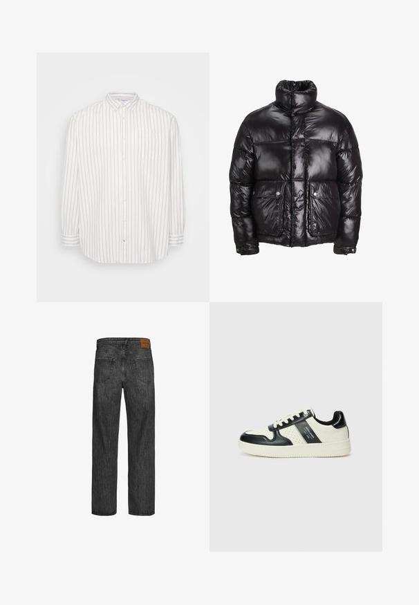 Svart pufferjakke laget av skinnende materiale, med høy krage, to frontlommer med trykknapper og polstret design.; Knappskjorte i hvit og lysebeige striper, lange ermer, lomme på venstre bryst, klassisk krage, lett stoff.; Svarte denimjeans med design med rette ben, fem lommer og en brun lærpatch i midjen. Strukturert stoff med stikking detaljer.; Lædersneakers med sort og creme farveskema, der har perforerede detaljer, en polstret krave og en struktureret ydersål.