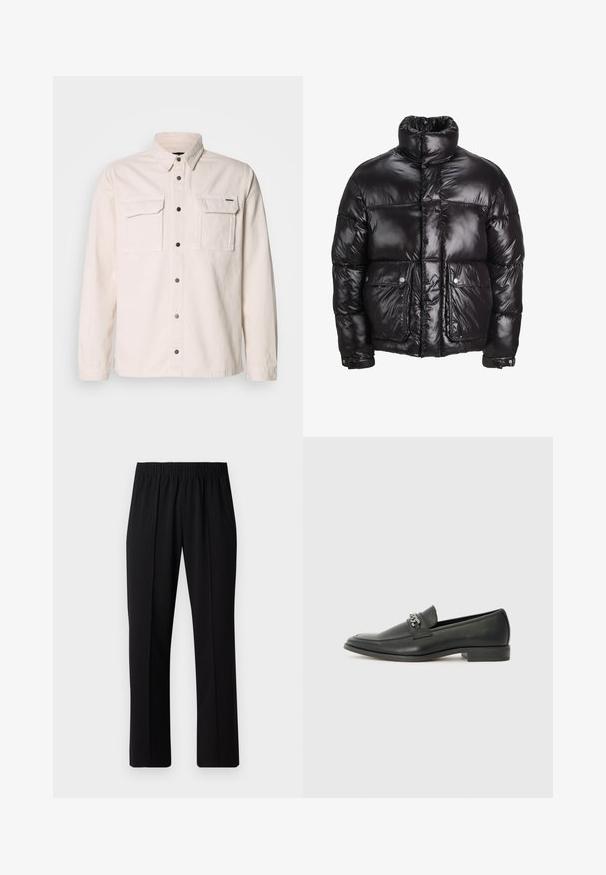 Černá peřová bunda vyrobená z lesklého materiálu, s vysokým límcem, dvěma předními kapsami na patentky a polstrovaným designem.; Světle béžová košile s dlouhým rukávem vyrobená z bavlny, se dvěma předními kapsami, zapínáním na knoflíky a klasickým límečkem. Hladká texturka a jednoduchý design.; Černé kalhoty s elastickým pasem a rovnými nohavicemi, s hladkým povrchem a bez viditelných vzorů nebo kovových doplňků.; Černé kožené mokasíny s hladkým povrchem, s prošívaným designem a dekoračním kovovým řetízkem přes nárt. Plochý podpatek.