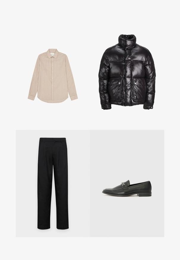 Mustmust särk, mis on valmistatud läikivast materjalist, kõrge kaelusega, kahte esist taskut nupuga sulgemisega ja pehmendatud disainiga.; Bež pikkade varrukatega särk, millel on vertikaalsed valged triibud, nööpidega krae ja ümar äär. Omab valgeid nuppe ja peent logo tikandit.; Mustad mustadest riietest, millel on sirge jalgade disain, kaks eesmist voltimist ja tavaline vöökoht, millel on vöökohad.; Must haveate nahkking punased, millel on sile viimistlus, tikitud muster ja dekoratiivne metallkett vampi üle. Tasane konts.