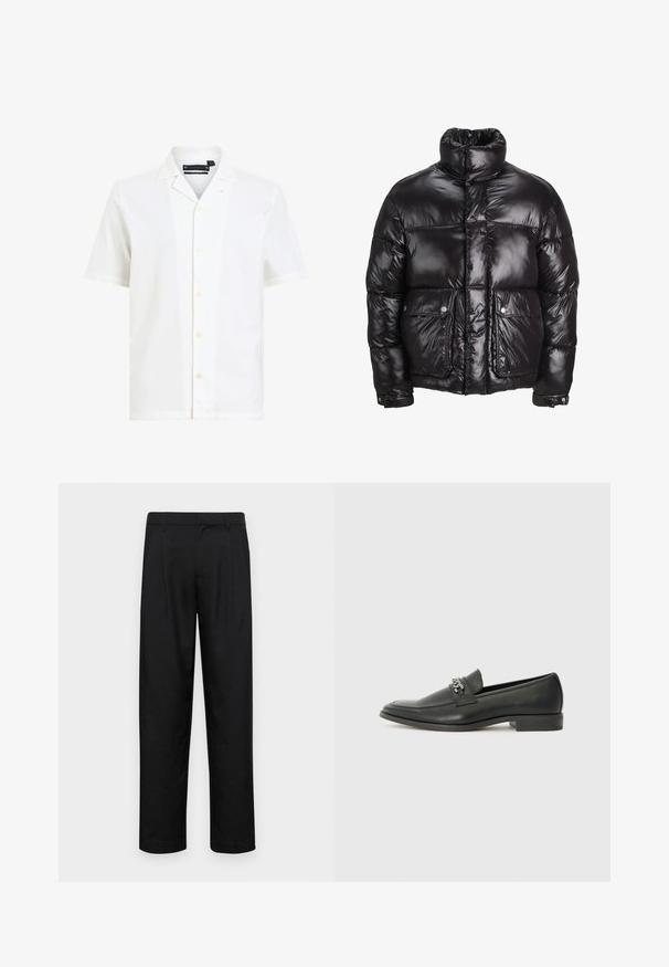 Crna puffer jakna od sjajnog materijala, s visokim ovratnikom, dva prednja džepa sa kopčama na dugmad i podstavljenim dizajnom.; Bijela košulja kratkih rukava od mekanog materijala, s ovratnikom u obliku slova V, šest dugmadi sprijeda i ležernim krojem.; Crne hlače od glatkog materijala, s dizajnom ravnih nogavica, dva prednja nabora i standardnim pojasom s petljama za remen.; Crna kožna loafer cipela s glatkom finišem, s ušivenim uzorkom i dekorativnim metalnim lancem preko prednjeg dijela. Ravni potplat.