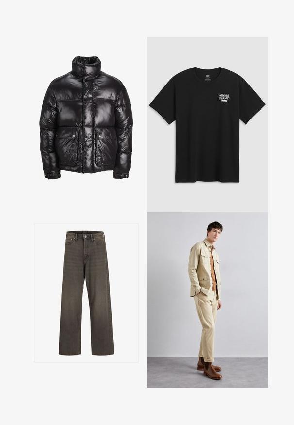 Black puffer jacket made of shiny material, featuring a high collar, two front pockets with snap closures, and a padded design.; Black cotton t-shirt featuring a chest print that reads "HOUSE PLANTS" in white stylized font with "Levi's" below. Classic crew neckline.; Wide-leg jeans in dark grey denim, featuring a high waist, classic five-pocket design, and contrasting stitching along the seams.; Beige cotton jacket with two chest pockets over a brown shirt and matching beige pants. Brown leather ankle boots complete the outfit.