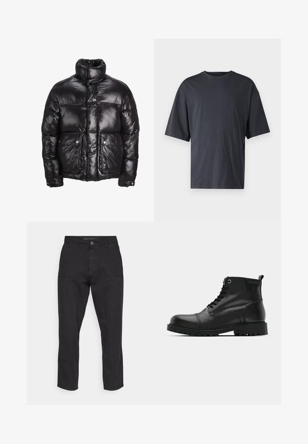 Casaco puffer preto feito de material brilhante, com um colarinho alto, dois bolsos frontais com fecho de pressão e um design acolchoado.; T-shirt de manga curta, cinza escuro, feita de algodão leve, com um corte solto e decote redondo clássico, com textura lisa e sem padrões.; Calças pretas em mistura de algodão com um design de perna reta. Apresentam bolsos com pala e detalhes de costura. Lisos, sem padrões.; Botas de tornozelo em couro preto com bico arredondado, design de atacadores, ilhós cinzentos em contraste e sola de borracha robusta. Textura suave com acentos mínimos.