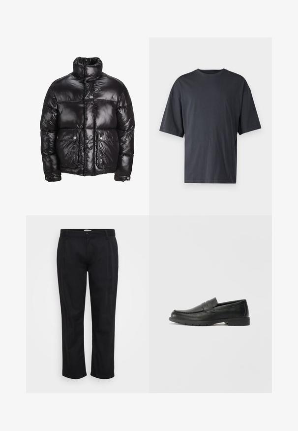 Casaco puffer preto feito de material brilhante, com um colarinho alto, dois bolsos frontais com fecho de pressão e um design acolchoado.; T-shirt de manga curta, cinza escuro, feita de algodão leve, com um corte solto e decote redondo clássico, com textura lisa e sem padrões.; Jack & Jones JPSTBILL WILLIAM WORKER - Calças - black; Sapatos mocassins de couro preto com acabamentos lisos, parte superior em estilo mocassins, detalhes em costura e sola de borracha. Design clássico com um salto baixo.