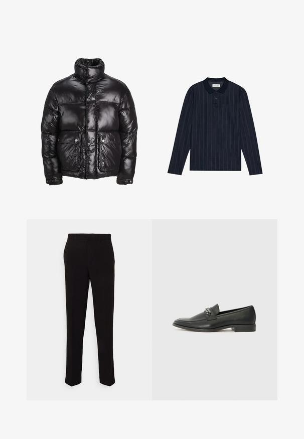 Casaco puffer preto feito de material brilhante, com um colarinho alto, dois bolsos frontais com fecho de pressão e um design acolchoado.; Polo de manga longa azul-marinho com collar, apresentando finas riscas verticais e abertura com três botões. Textura de tecido suave.; Calças pretas feitas sob medida com um design de perna reta, textura suave e sem adornos visíveis. Cintura padrão com passantes para cinto.; Sapatilha de couro preta com um acabamento suave, apresentando um design cosido e um detalhe decorativo de corrente de metal atravessando o peito do pé. Salto baixo.