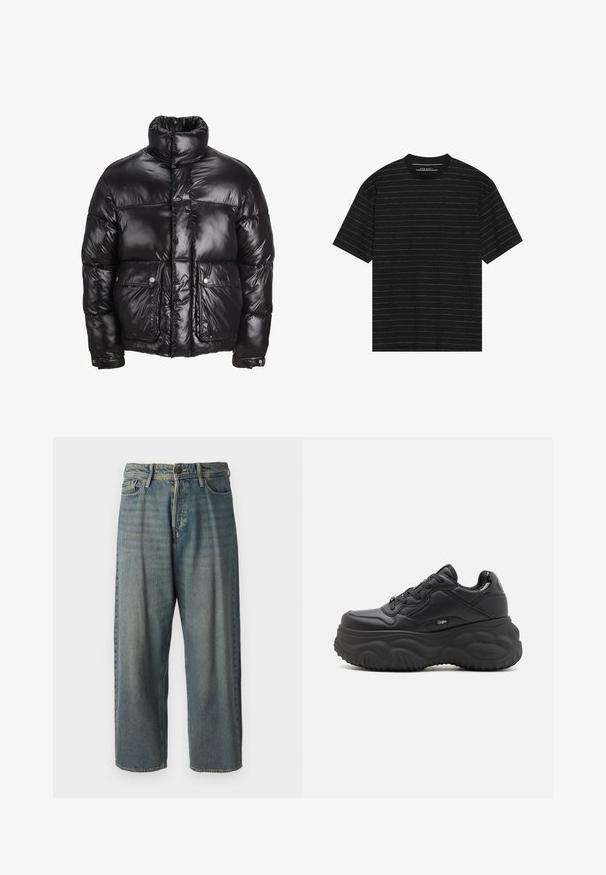 Melnā pūkainā jaka, kas izgatavota no spīdīga materiāla, ar augstu apkakli, divām priekšējām kabatām ar pogājamām aizdarem un pildītā dizainā.; Melnā īso piedurkņu T-kreklā ir plānas baltas horizontālas svītras. Izgatavots no mīkstas auduma, ar apaļu kakla izgriezumu un brīvu piegriezumu.; Gaiši zili džinsi ar brīvu piegriezumu, vidējo jostas augstumu un taisnām kājām. Satur piecas kabatas, jostas cilpas un pogu aizdari.; Melnas platformas kedas, izgatavotas no sintētiskā materiāla, ar noapaļotu formu, strukturētu zolīti un kontrastējošām auklām. Logo uz sāniem.
