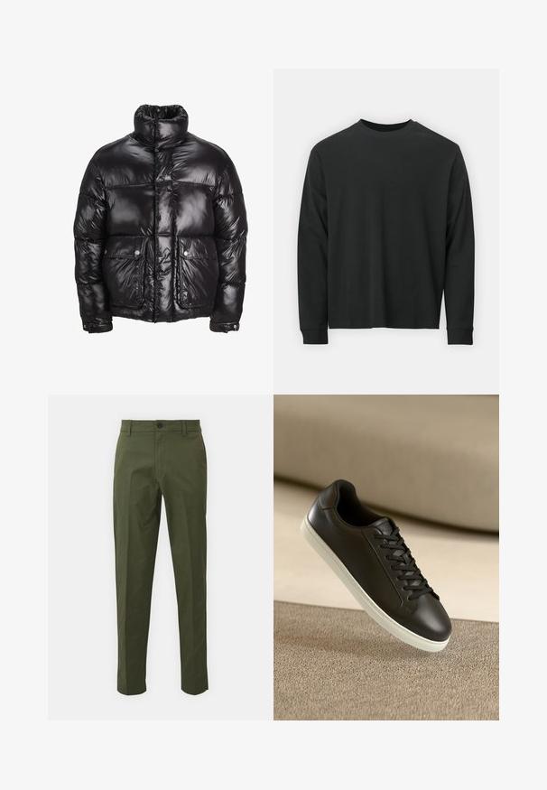 Melnā pūkainā jaka, kas izgatavota no spīdīga materiāla, ar augstu apkakli, divām priekšējām kabatām ar pogājamām aizdarem un pildītā dizainā.; Garās piedurknes melna T-kreklā, izgatavota no kokvilnas, ar apaļu kakla izgriezumu, brīvu piegriezumu un ribotām piedurknēm. Gluda tekstūra bez redzamām rakstainēm.; Olivza zaļas kokvilnas bikses ar taisnu kāju dizainu, ar priekšējo pogu aizdari, sānu kabatām un minimālām šuvju detaļām.; Melnas ādas sporta kurpes ar baltu gumijas zoli un melnām auklām, novietotas uz bēša auduma virsmas un fona.