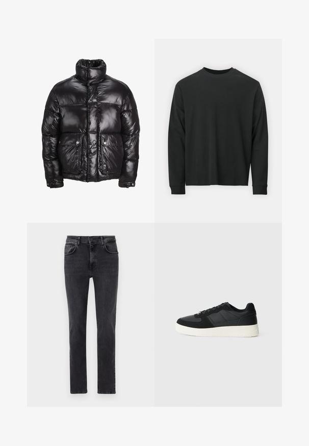 Juodas pūkinis švarkas, pagamintas iš blizgaus medžiagos, su aukštu apykakle, dviem priekiniais kišenėmis su snapeliais ir paminkštinta struktūra.; Ilga melsva juoda marškinėliai, pagaminti iš medvilnės, su apvaliu iškirpimu, laisvu siluetu ir ripsuota apykakle. Lygus paviršius be matomų raštų.; Juodos denim džinsai su tiesiomis kojomis, penkių kišenių dizainu ir švelniu blukimu. Pagaminti iš minkštos, lanksčios medvilnės medžiagos.; Juodos žemos kedai iš tekstūruotos odos ir zamšo plokštelių, su balta guma priekiu ir juodomis raištelėmis ant vientiso šviesaus fono.