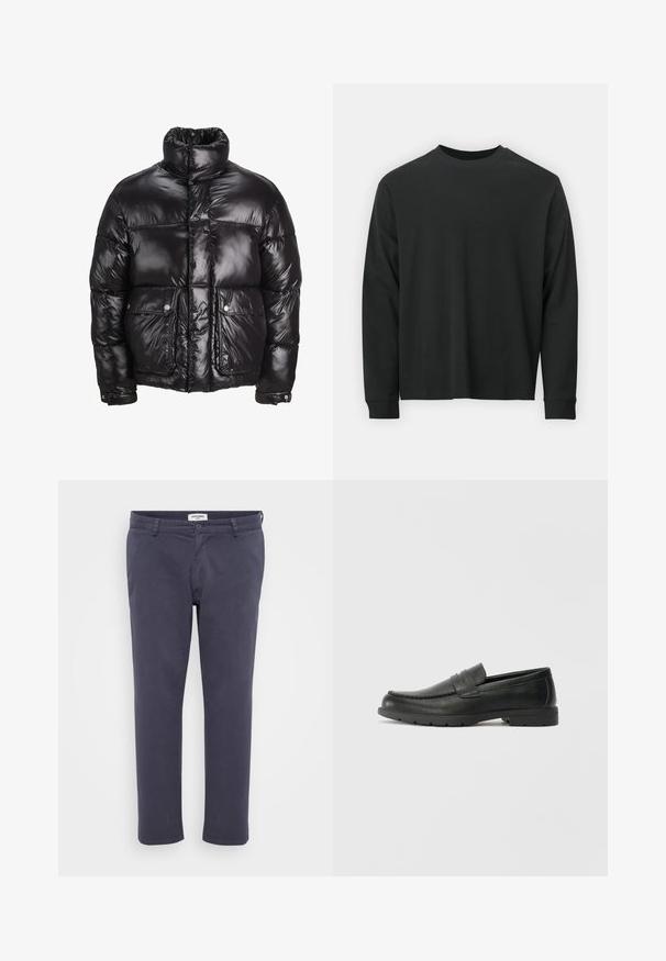 Casaco puffer preto feito de material brilhante, com um colarinho alto, dois bolsos frontais com fecho de pressão e um design acolchoado.; Camisola de manga longa preta, feita de algodão, com decote redondo, corte largo e punhos canelados. Textura suave sem padrões visíveis.; Calças azul-marinho feitas de um tecido suave com ajuste slim, apresentando bolsos frontais, fecho com botão e um acabamento limpo na barra.; Sapatos mocassins de couro preto com acabamentos lisos, parte superior em estilo mocassins, detalhes em costura e sola de borracha. Design clássico com um salto baixo.