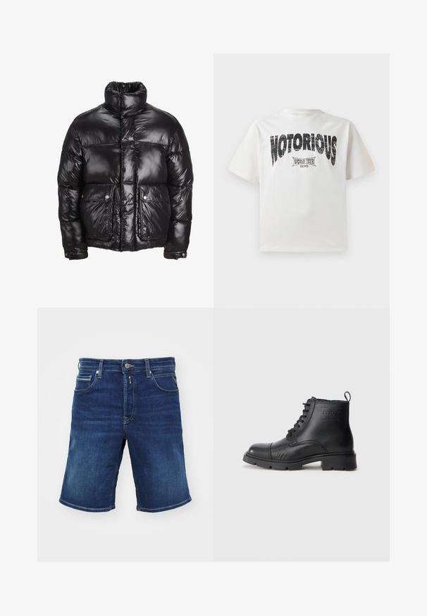 Doudoune noire en matériau brillant, avec un col montant, deux poches avant à fermetures pression, et un design matelassé.; T-shirt en coton blanc à manches courtes, avec un texte graphique audacieux en noir "NOTORIOUS" et un design "WORLD TOUR 1990" en dessous dans une impression vieillie.; Shorts en denim bleu foncé, avec fermeture à bouton, cinq poches et une coupe droite. Tissu de poids moyen avec un léger effet décoloré.; Botte chelsea en cuir noir avec lacets, semelle épaisse, détails de coutures, logo de la marque sur le côté et tirette à l'arrière.