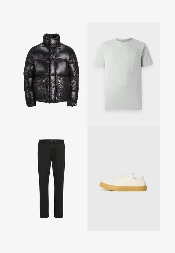 Doudoune noire en matériau brillant, avec un col montant, deux poches avant à fermetures pression, et un design matelassé.; T-shirt gris clair à manches courtes, col rond, présenté sur un fond blanc, vue de face sans logos ni motifs visibles.; Pantalons en coton noir à coupe droite, fermeture à bouton sur le devant et deux poches latérales ; texture lisse avec un design minimaliste.; Des baskets en toile couleur écru avec un bout rond, dotées de semelles en caoutchouc beige et de cinq œillets pour les lacets, avec une finition texturée sur la tige.