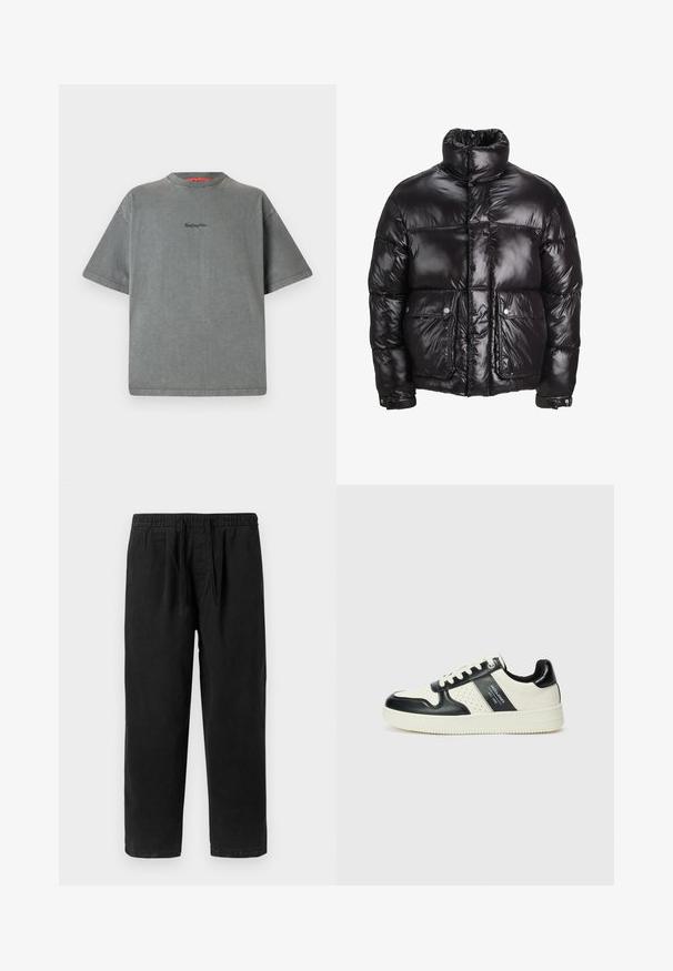 Casaco puffer preto feito de material brilhante, com um colarinho alto, dois bolsos frontais com fecho de pressão e um design acolchoado.; Replay Inc. T-shirt básica - stoned grey; Calças de algodão pretas com um cós elástico e cordão, apresentando um corte descontraído e pernas retas, sem bolsos.; Ténis de couro com um esquema de cores em preto e creme, apresentando detalhes perfurados, um colarinho acolchoado e uma sola texturizada.