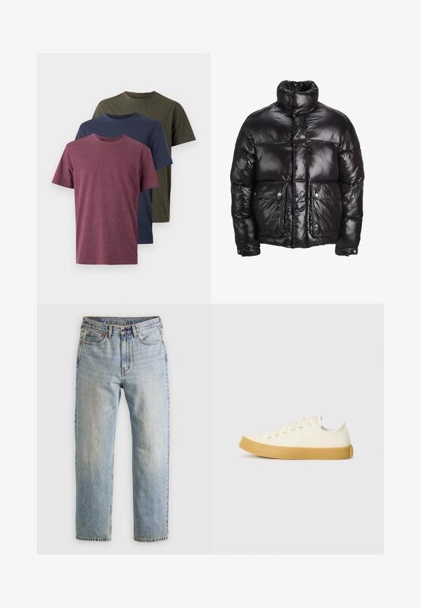 Črn napihljiv jopič iz sijočega materiala, z visokim ovratnikom, dvema sprednjima žepoma z zavihkom in oblazinjenim dizajnom.; Tri majice iz bombaža v prikazu: temno rdeča, mornarsko modra in olivno zelena. Oblika s krožnim izrezom, kratkimi rokavi in mehkim, teksturiranim zaključkom.; Svetlo modri džins hlače z visokim pasom, sprednjim gumbom, zadrgo in petimi žepi, laid flat na nevtralni podlagi.; Platnene superge v off-white barvi z okroglim nosom, z bež gumijastimi podplati in petimi odprtinami za vezalke, z zrnato površino na zgornjem delu.