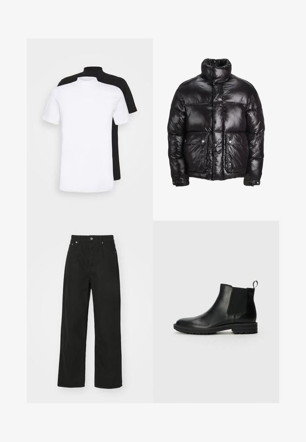 Jachetă puffer neagră din material lucios, cu guler înalt, două buzunare frontale cu închidere prin capse și un design căptușit.; Două tricouri cu mânecă scurtă, unul alb și unul negru, cu un design de guler înalt, fabricate din material de bumbac moale.; Pantaloni din denim negru cu un design drept, având cinci buzunare, închidere cu nasture și un brâu clasic. Textură netedă.; Jack & Jones JFWHOSKINS - Botine clasice - anthracite