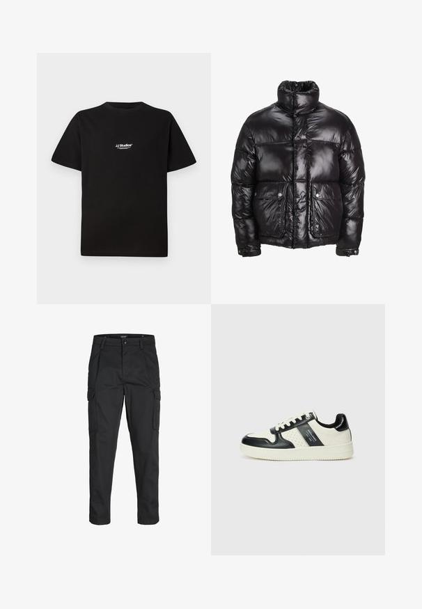 Schwarze Pufferjacke aus glänzendem Material, mit hohem Kragen, zwei vorderen Taschen mit Druckknopfverschlüssen und gepolstertem Design.; Schwarzes Baumwoll-T-Shirt mit rundem Halsausschnitt und kurzen Ärmeln. Verfügt über ein weißes "JJ Studios"-Logo im oberen Brustbereich.; Schwarze Cargo-Hose aus robustem Material, mit mehreren Taschen, einem Knopfverschluss und einem Slim-Fit-Design mit schmal zulaufenden Beinen.; Leder-Sneaker in Schwarz- und Cremetönen, mit perforierten Akzenten, einem gepolsterten Kragen und einer strukturierten Laufsohle.