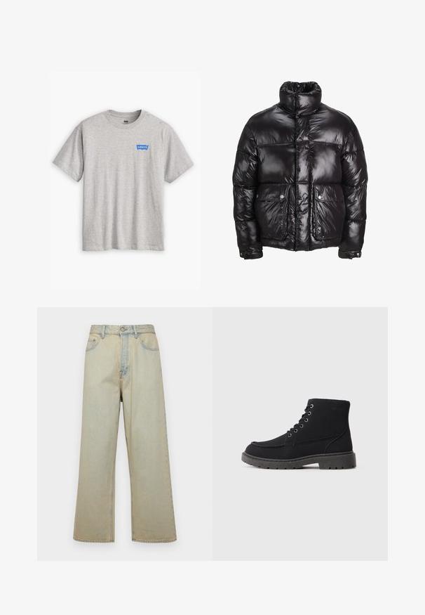 Abrigo acolchado negro hecho de material brillante, con un cuello alto, dos bolsillos frontales con cierres a presión y un diseño acolchado.; Camiseta de algodón gris con mangas cortas y cuello redondo, que presenta un logotipo azul de Levi's en el lado izquierdo del pecho.; Jeans de pierna ancha de color azul claro, fabricados en denim con un acabado desgastado. Cuenta con cinco bolsillos y un cierre frontal de botón.; Botines negros de ante y material sintético. Punta redondeada, seis ojales con cordones metálicos, suela gruesa de goma y detalles de texto mínimos.